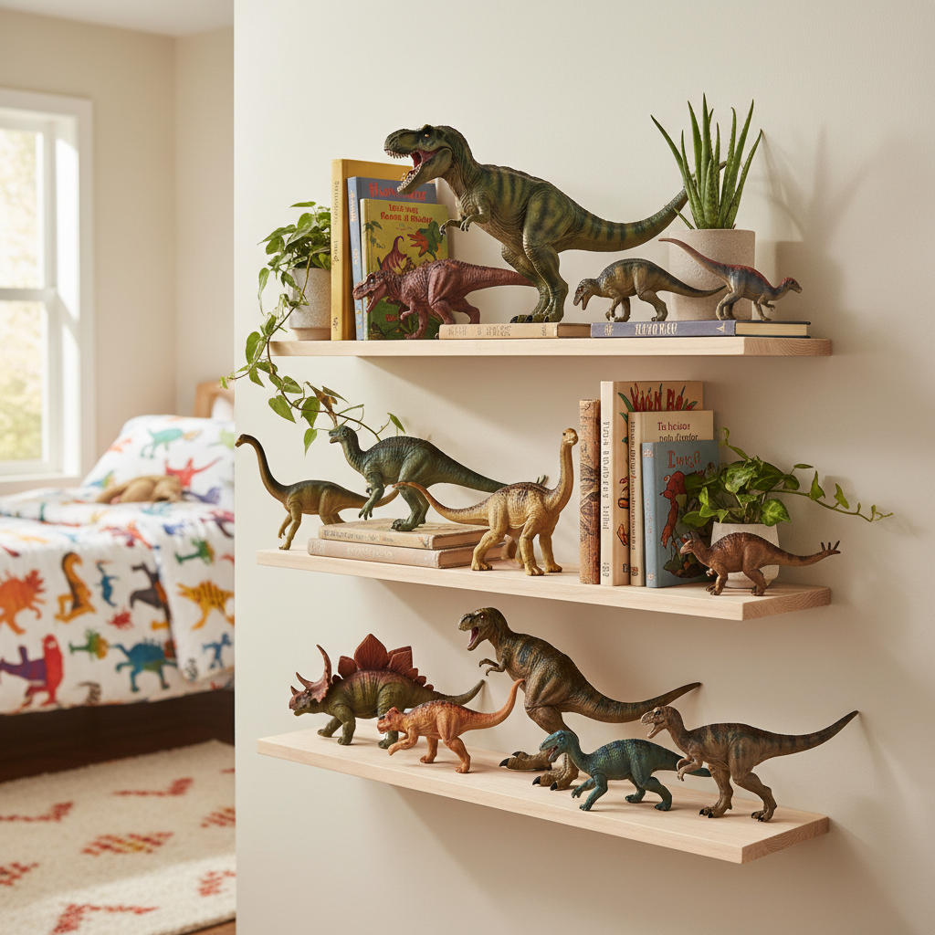 Dinosaur action figure collection displayed on wooden shelves in a child's bedroom