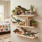 Dinosaur action figure collection displayed on wooden shelves in a child's bedroom