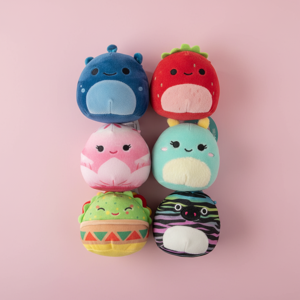 Six Squishmallows Micromallows mini plush toys flat lay on pastel pink surface — More4less Outlet lifestyle image