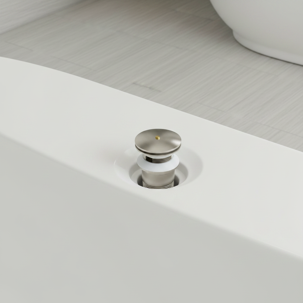 Close-up of American Standard satin nickel drain assembly at the base of a white freestanding bathtub drain opening