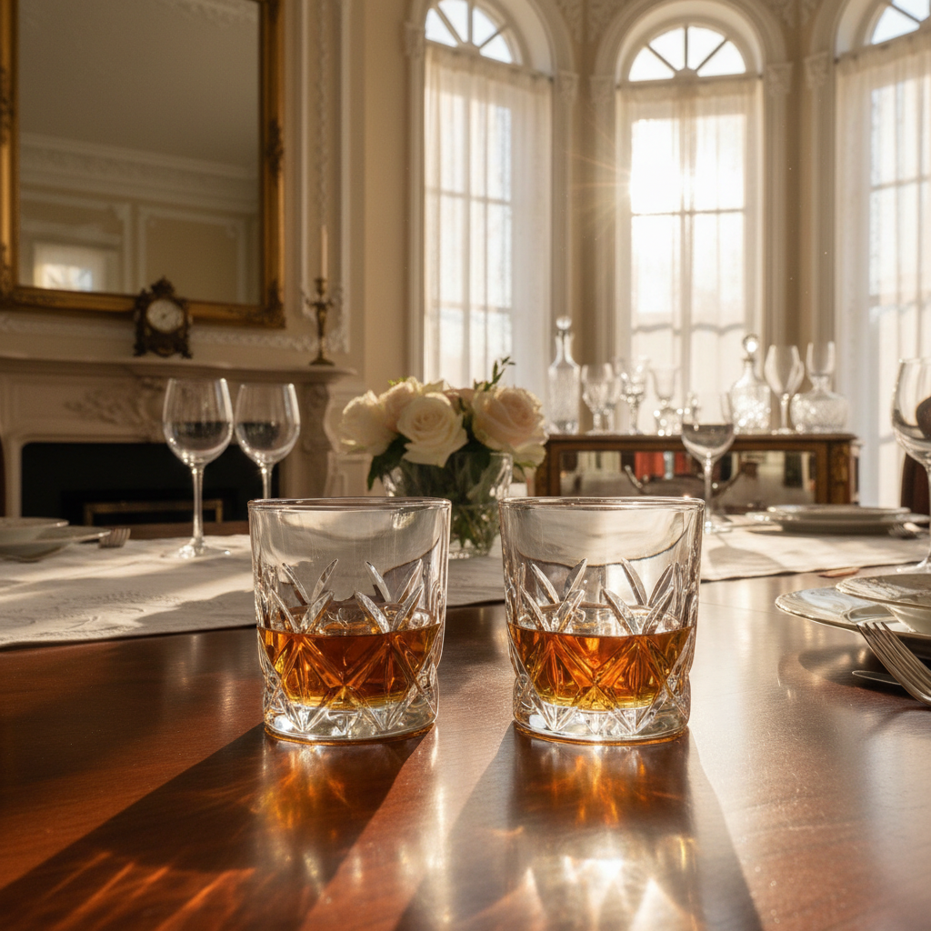 Two Godinger Ludlow double old fashioned whiskey glasses catching golden-hour sunlight