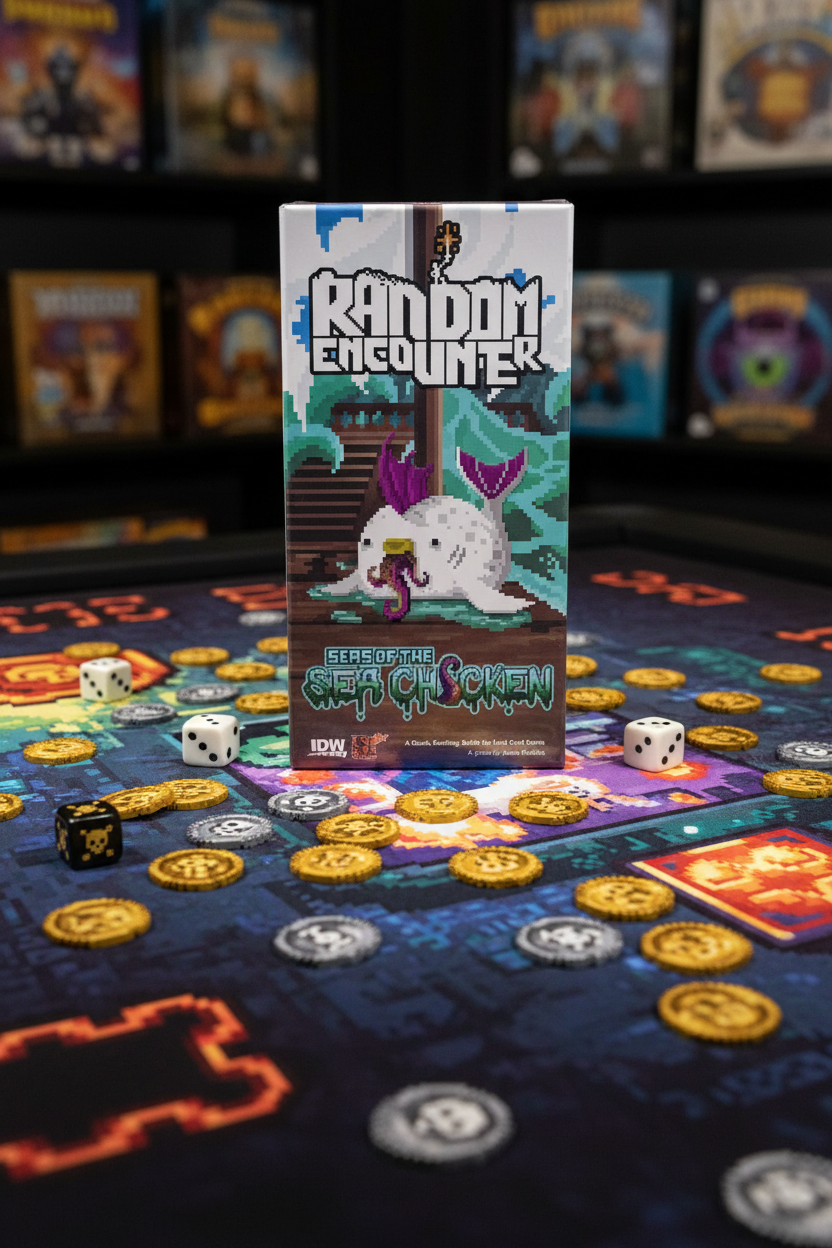 Random Encounter Seas of the Sea Chicken card game on dark gaming table with pixel art 8-bit aesthetic and pirate treasure coins — More4less Outlet