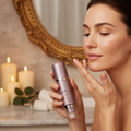Woman applying Mary Kay TimeWise Repair Revealing Radiance Facial Peel at softly lit vanity in evening skincare ritual