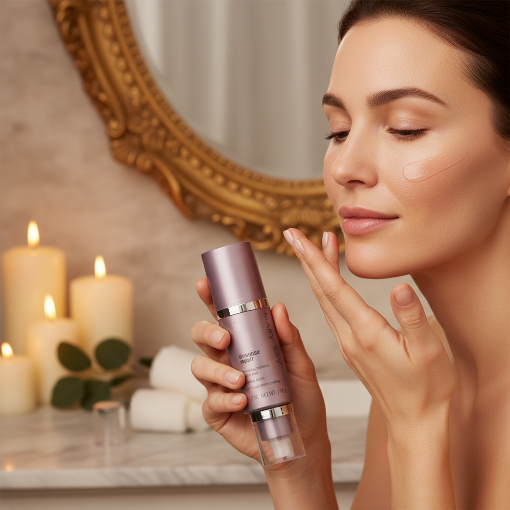 Woman applying Mary Kay TimeWise Repair Revealing Radiance Facial Peel at softly lit vanity in evening skincare ritual