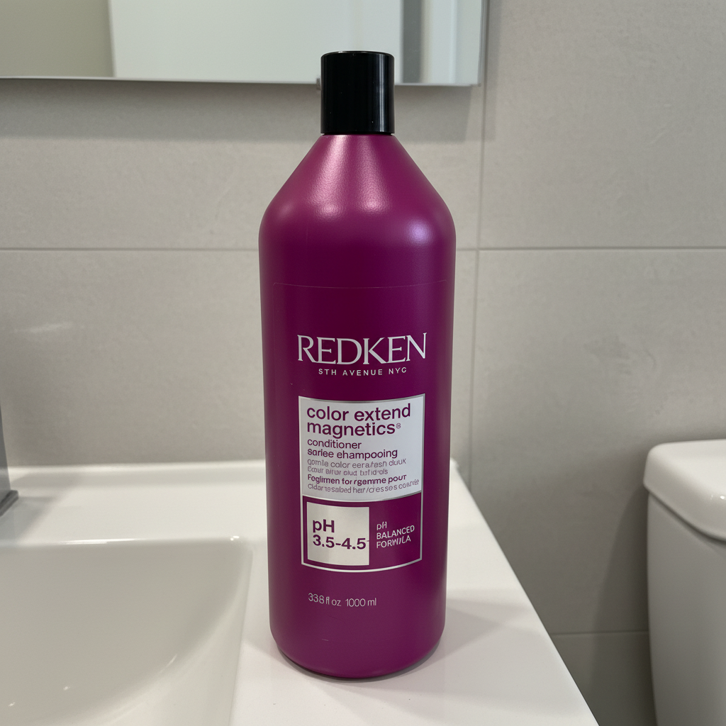 Redken Color Extend Magnetics Conditioner 33.8 fl oz / 1 L bottle beside a neutral sink