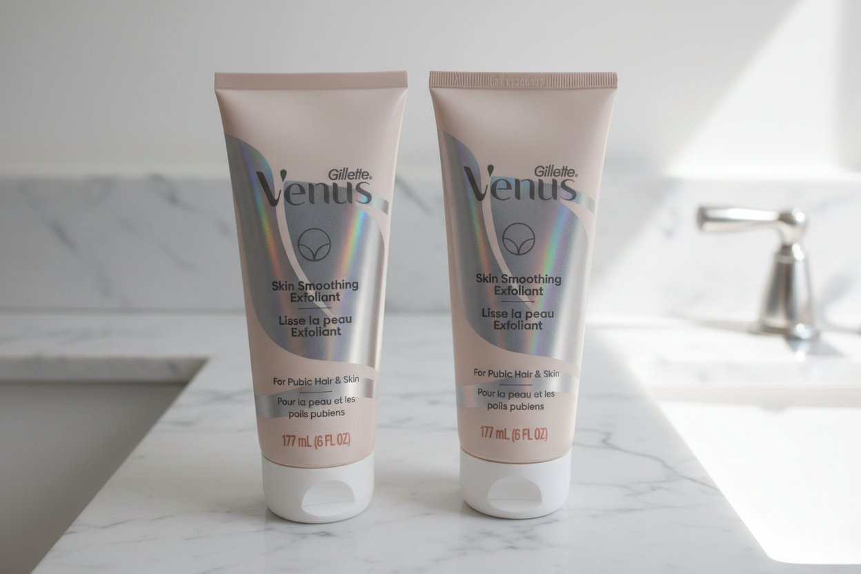 Two Gillette Venus Skin Smoothing Exfoliant 6oz tubes side by side on white marble bathroom vanity in soft natural light