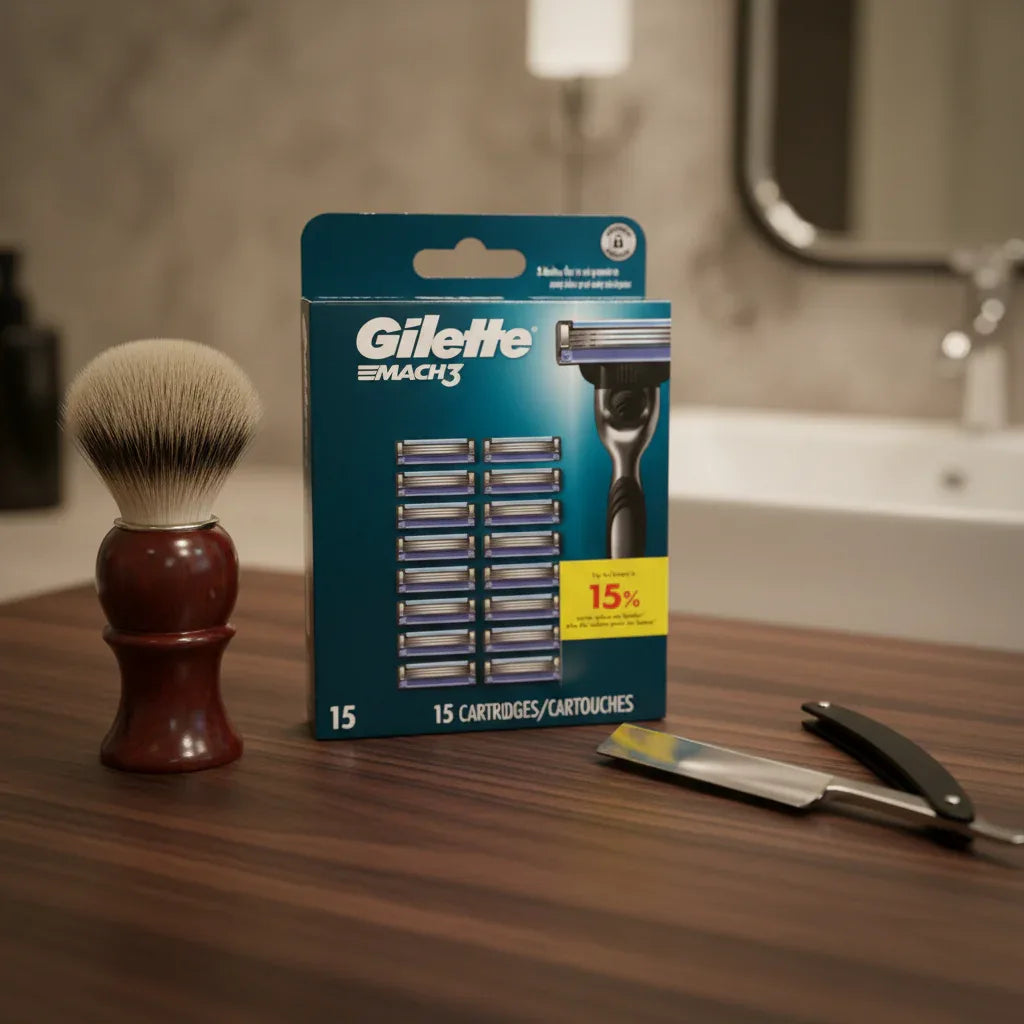 Gillette Mach3 15ct Razor Refills on dark walnut grooming kit surface
