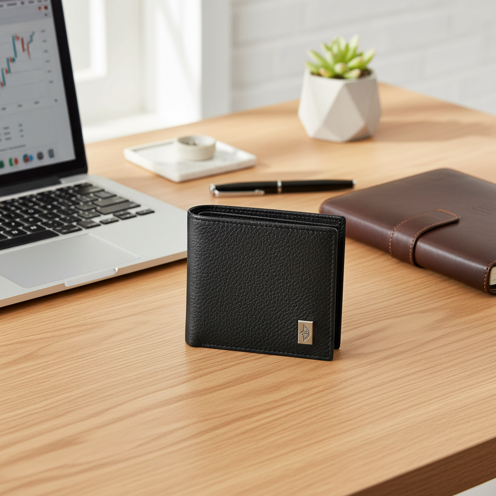 Dockers black bifold wallet on light desk with laptop and leather planner for professional workspace setting