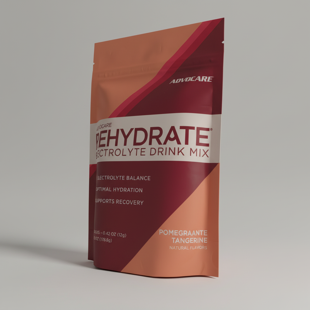 AdvoCare Rehydrate Pomegranate Tangerine electrolyte drink mix package at an angle