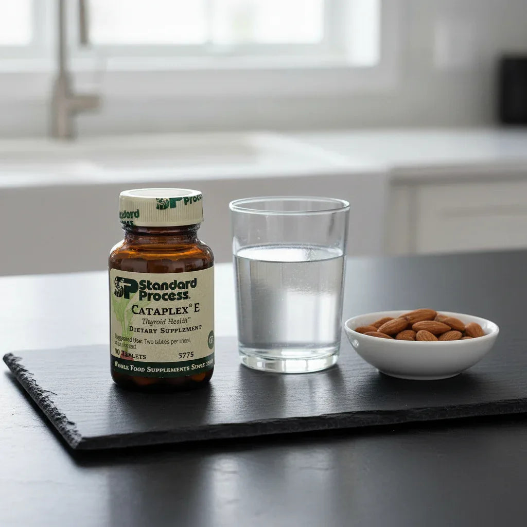 Standard Process Cataplex E on black slate kitchen island with glass of water and porcelain bowl of organic almonds for wellness routine