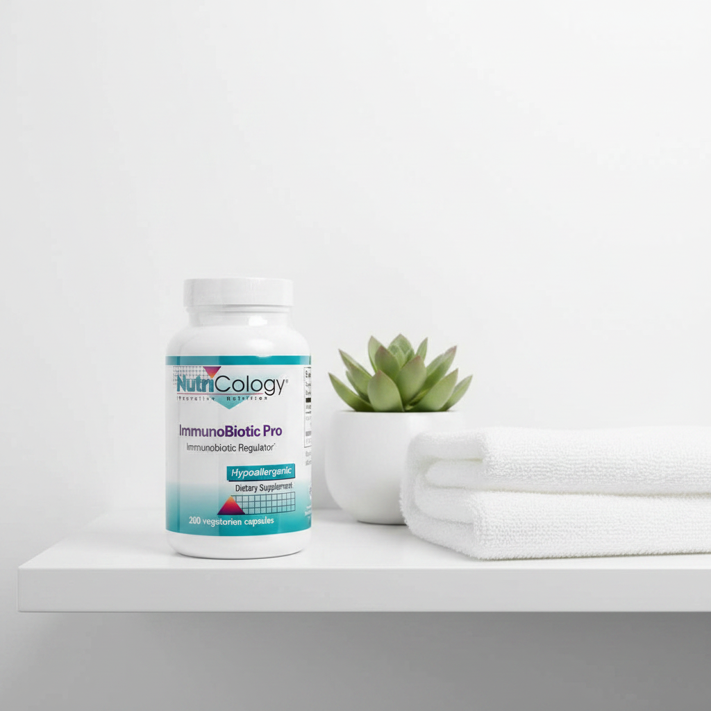 NutriCology ImmunoBiotic Pro on wellness shelf with succulent and white linen towel – More4less Outlet