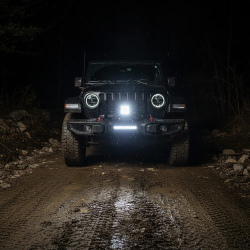 Alpena TrekTec Pod XL16-P LED flood light on black Jeep Wrangler ultra-wide white flood beam muddy off-road trail night white accent bar glowing - More4less Outlet