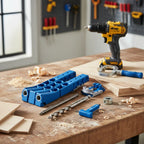 Kreg Pocket-Hole Jig 320 tool set unboxed on wooden carpenter's workbench alongside modern cordless drill and plywood scraps