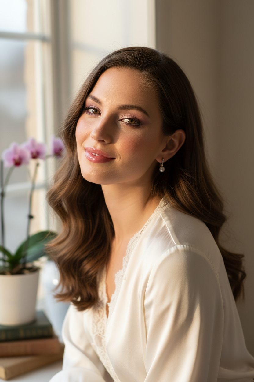 Beautiful woman with soft romantic lavender plum eyeshadow and glossy lips smiling in warm natural light elegant lifestyle photo