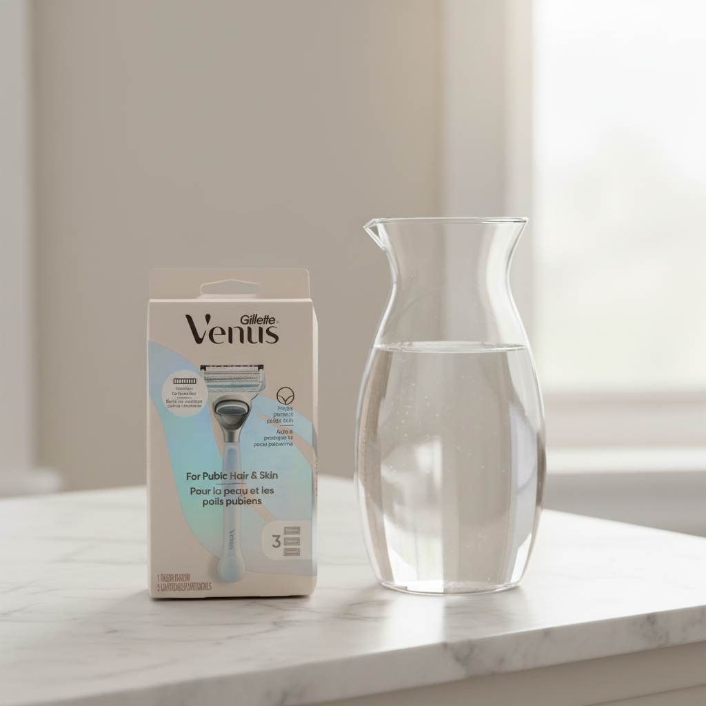 Gillette Venus Pubic Hair & Skin Razor Kit on white marble vanity top with glass carafe of water