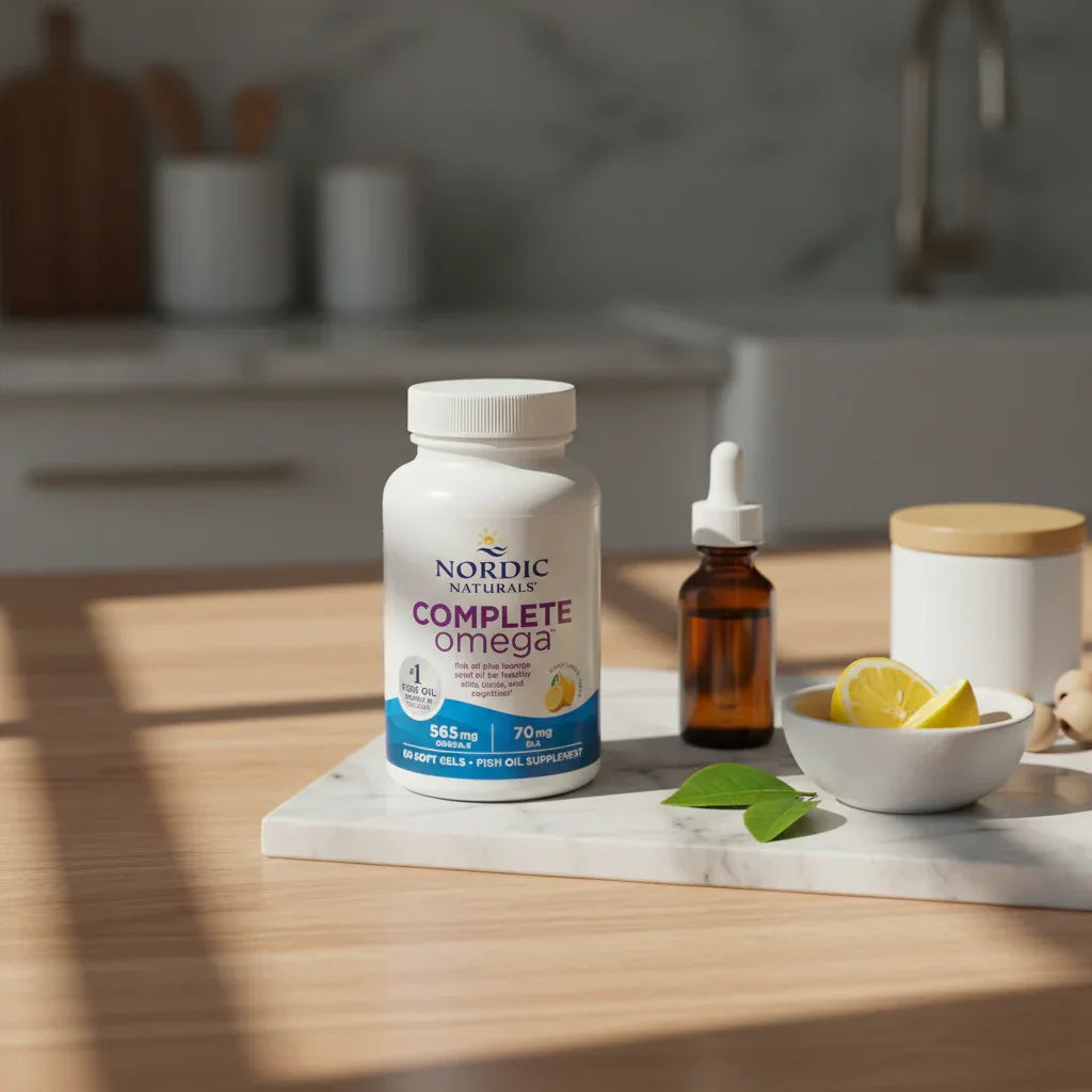 Natural wood and marble surfaces supporting clean omega-3 supplement bottle styling and dietary health product display