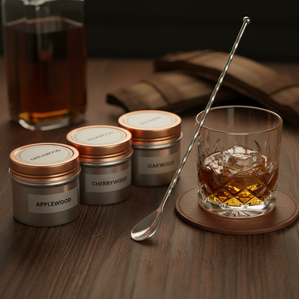 Tins of apple hickory cherry and oak wood chips arranged beside a whiskey glass on dark wood