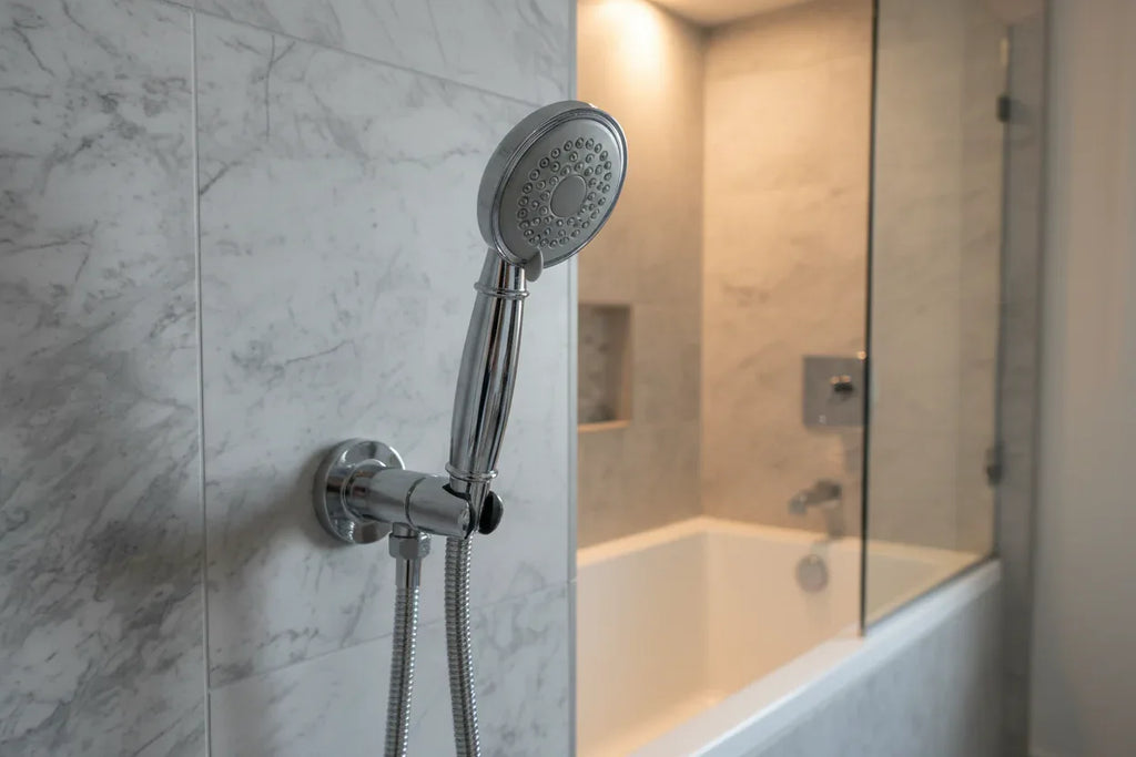 Staged residential bathroom detail with polished chrome handheld shower head resting in wall bracket