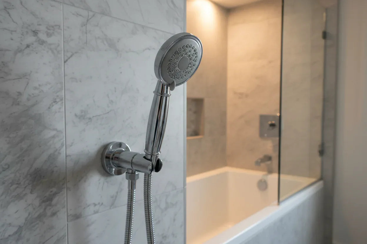 Staged residential bathroom detail with polished chrome handheld shower head resting in wall bracket