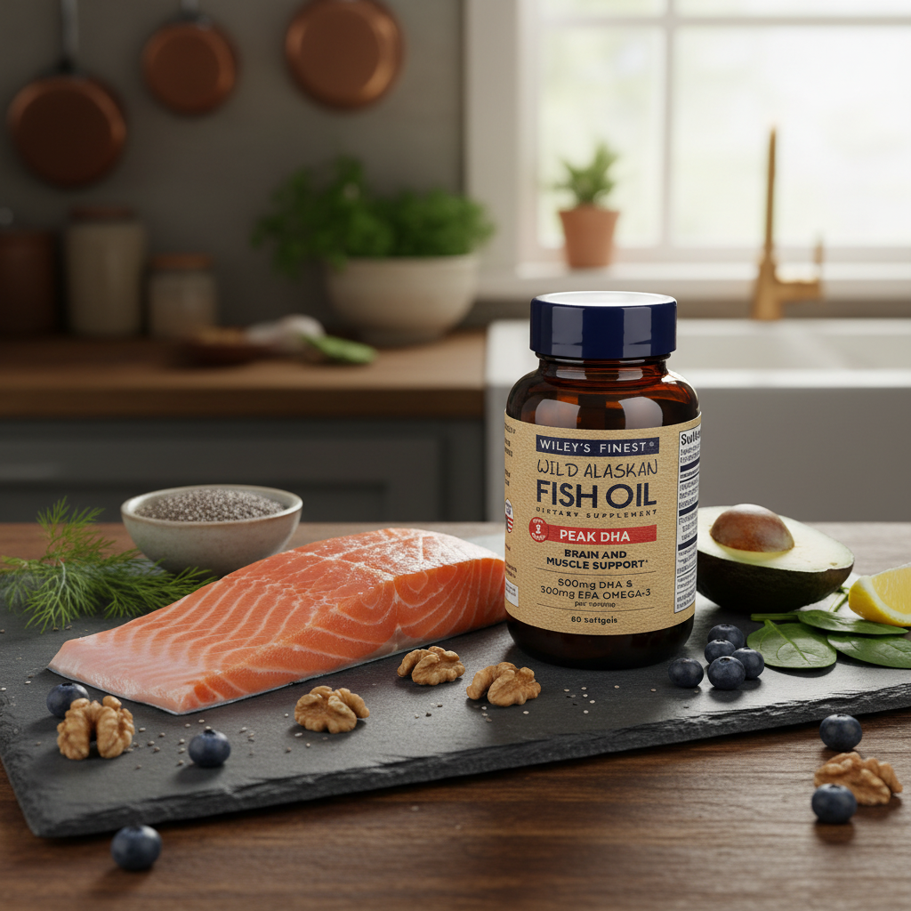 Wiley's Finest Wild Alaskan Fish Oil Peak DHA beside fresh wild salmon - sustainable omega-3 - More4less Outlet