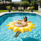 PoolCandy Sunflower Inflatable Pool Island floating in sunny backyard swimming pool person lounging