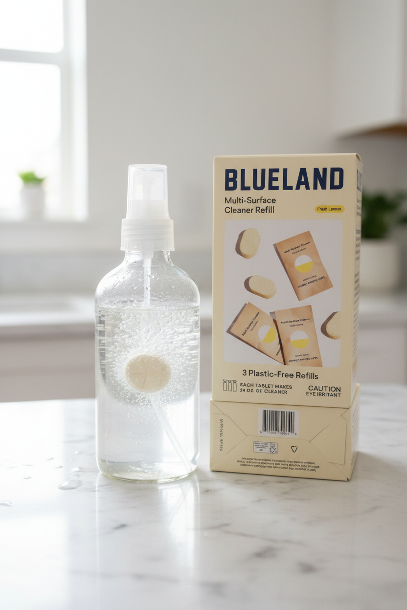 Sustainable multi-surface cleaning tablet dissolving in spray bottle on white marble countertop