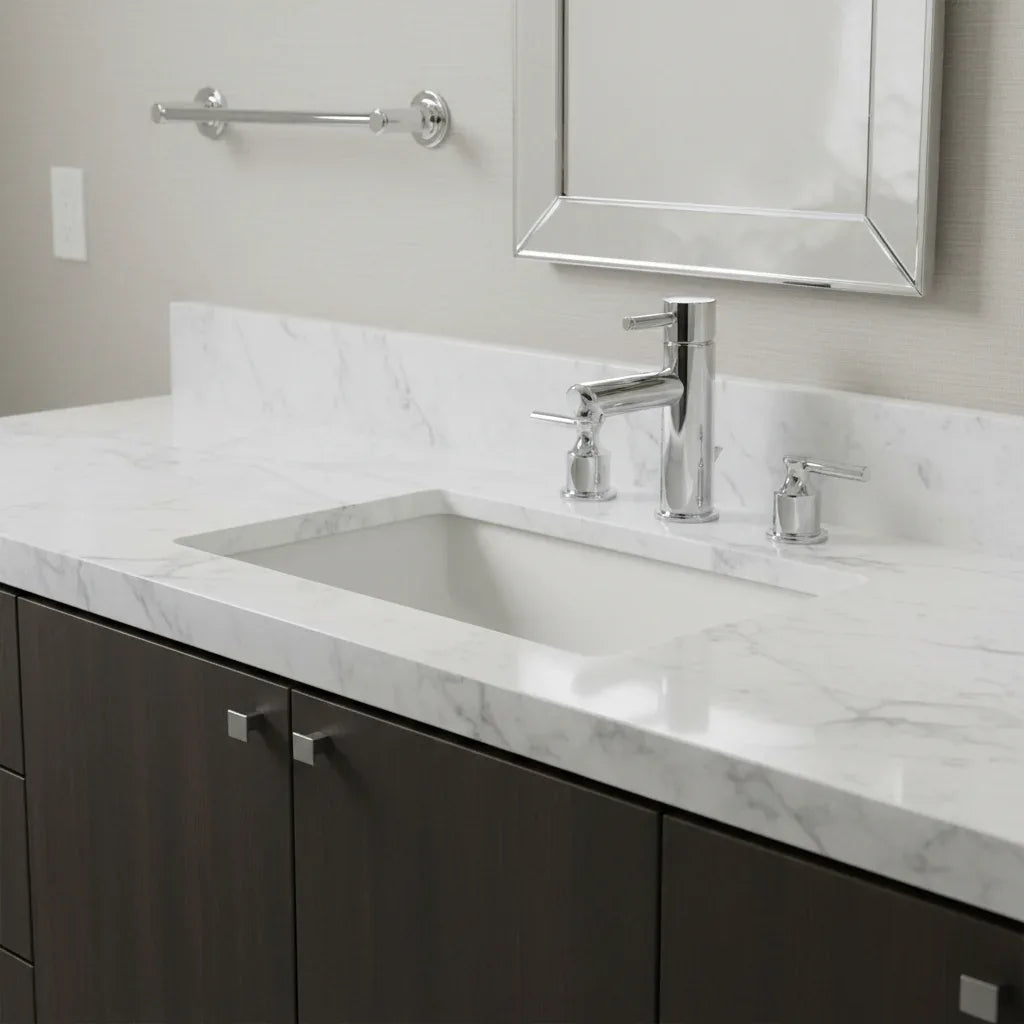 American Standard Serin chrome faucet on contemporary bathroom vanity with white marble lifestyle image