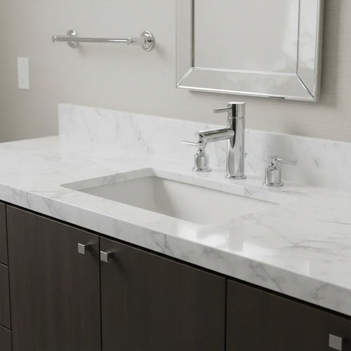 American Standard Serin chrome faucet on contemporary bathroom vanity with white marble lifestyle image