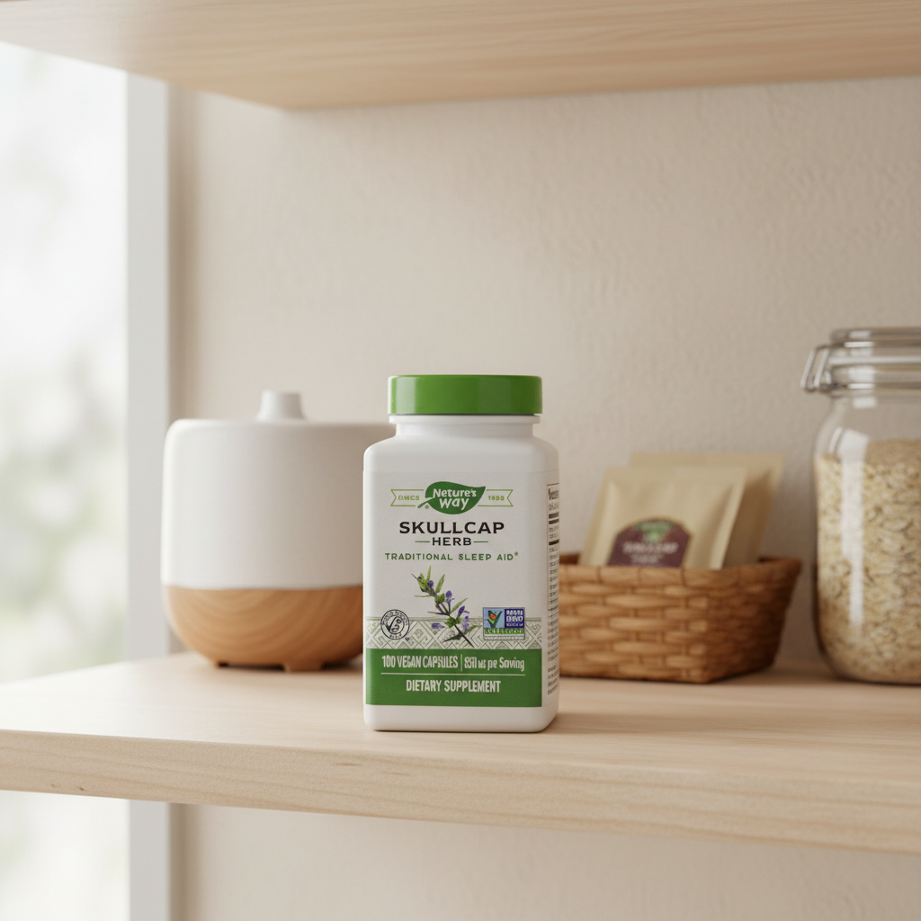 Nature's Way Skullcap Herb 850 mg bottle in a bright home pantry scene
