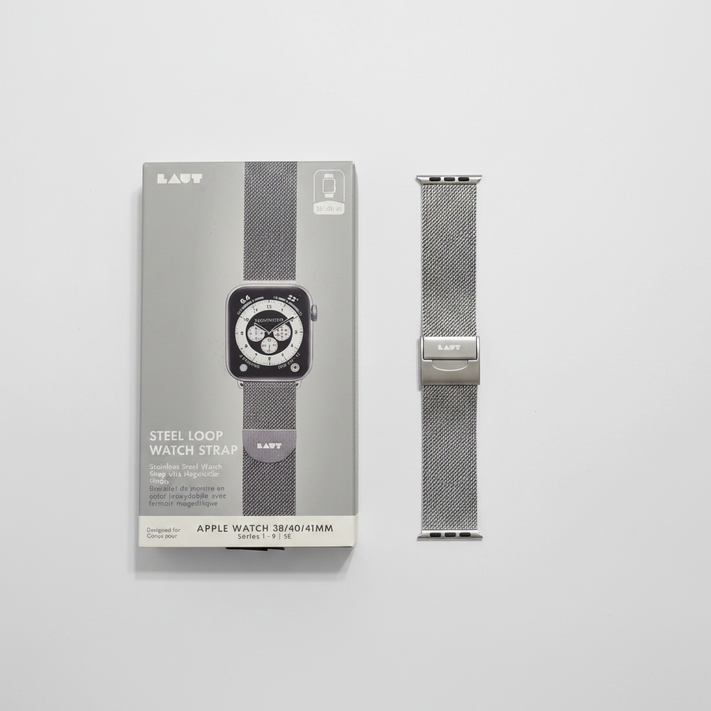 LAUT Steel Loop watch strap next to retail packaging box on white surface