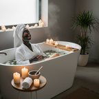 Woman relaxing with a dark charcoal face mask in a serene spa-like bathroom with candles