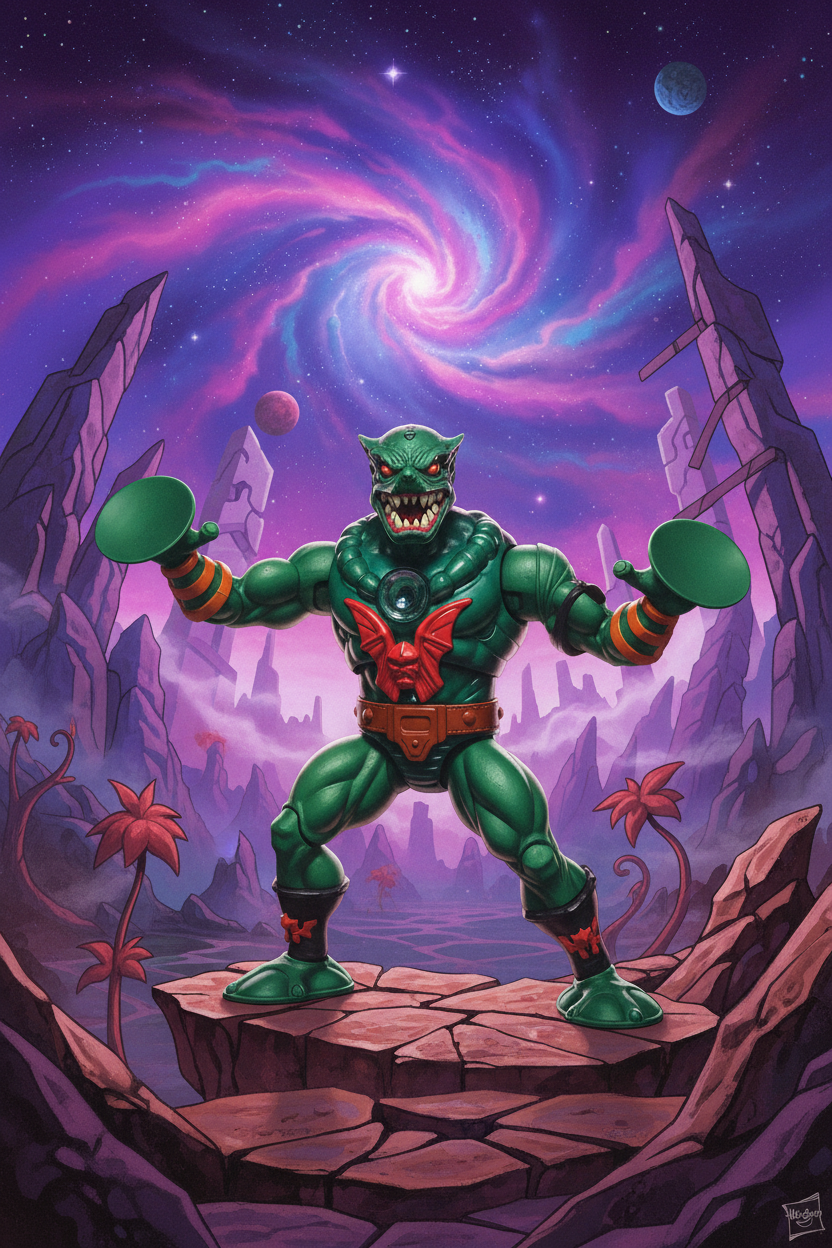 Green monster villain action figure with suction cup hands posed on rocky Eternia landscape with cosmic purple sky — More4less Outlet