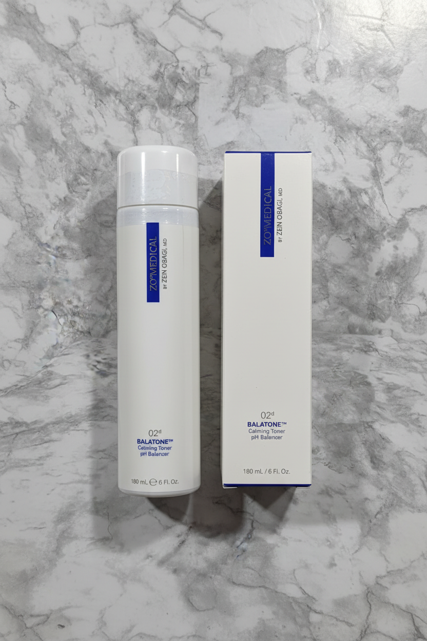 ZO Medical Balatone Calming Toner bottle and box displayed on clean marble vanity with balanced lighting