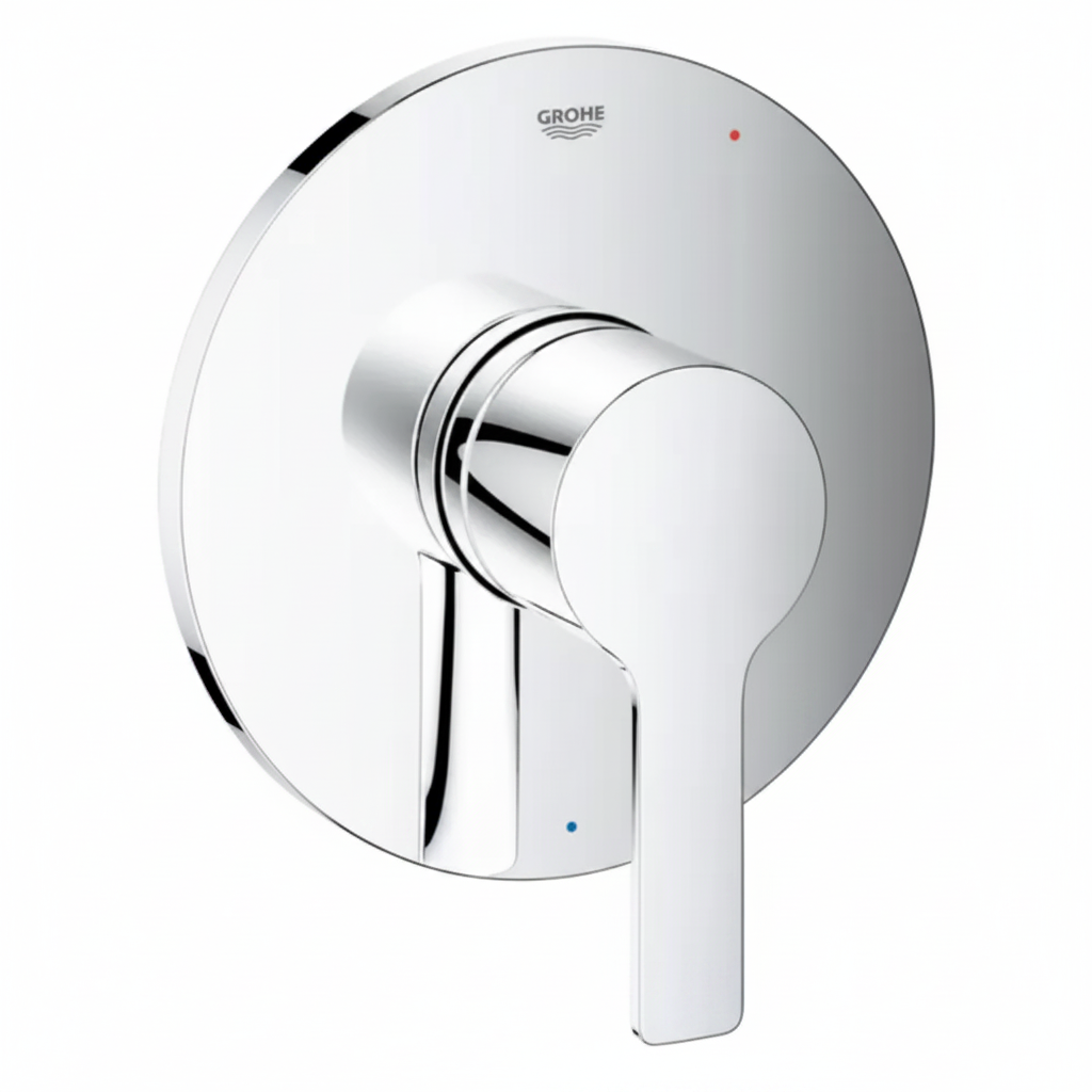 Grohe Lineare New wall-mount faucet trim close-up macro showing StarLight chrome finish and slim joystick lever handle detail