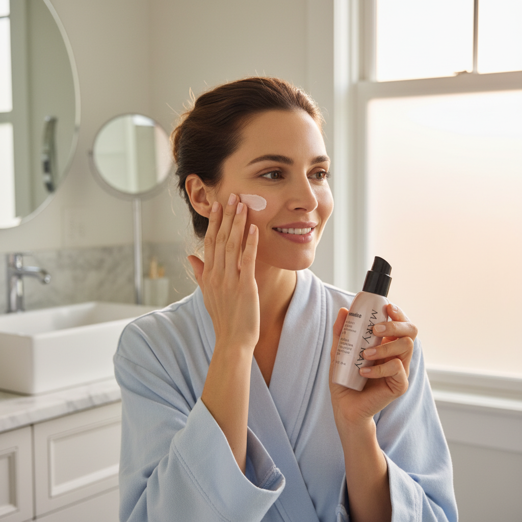 Woman applying Mary Kay TimeWise Day Solution SPF 35 in bright bathroom morning routine