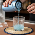 Hands pouring chilled cocktail through built-in strainer of powder blue shaker into glass on coaster