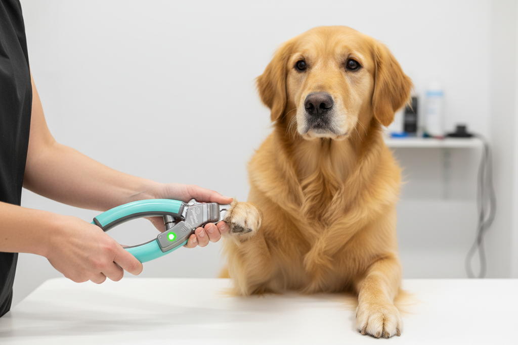 Owner clipping golden retriever nail with Miracle Care QuickFinder Deluxe clipper showing green safe-to-clip sensor light — stress-free dog nail grooming