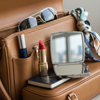 Lifestyle image — slim navy blue perfume wand tucked inside open leather handbag beside lipstick and compact mirror, travel-ready lifestyle for visual context only
