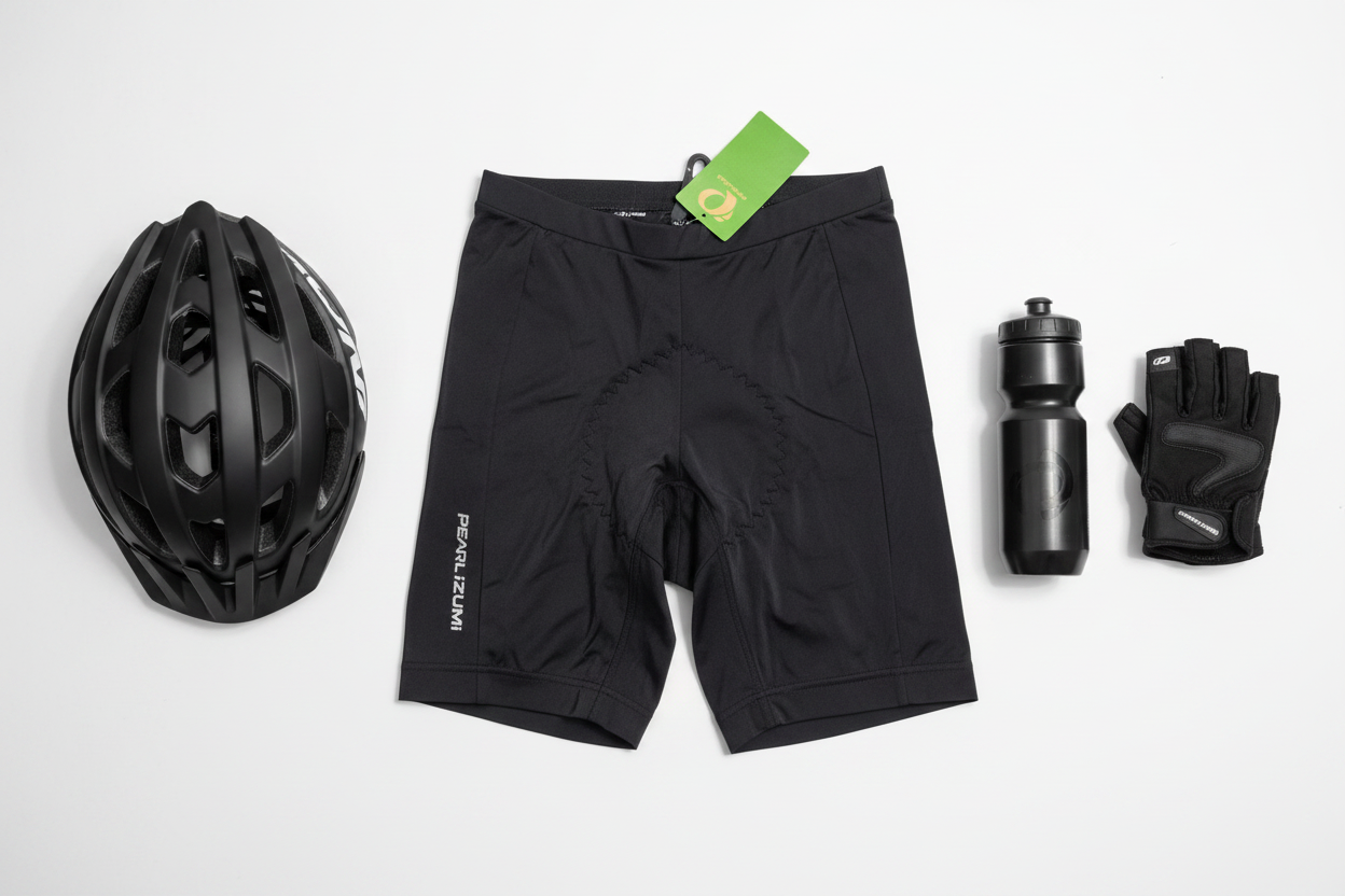Pearl iZUMi Men's Quest Cycling Shorts black flat lay with cycling helmet water bottle and gloves – More4less Outlet