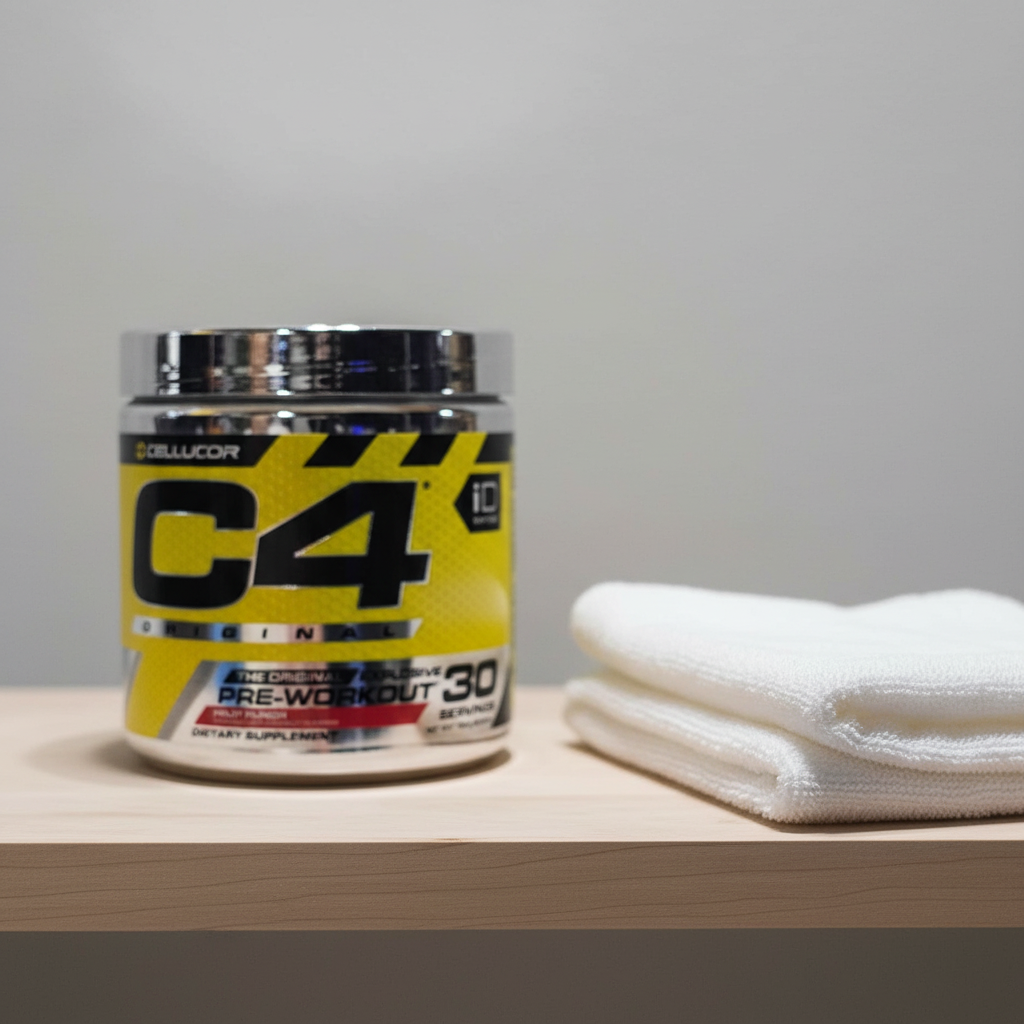 Cellucor C4 Original Fruit Punch pre-workout tub on a home workout shelf beside a folded towel