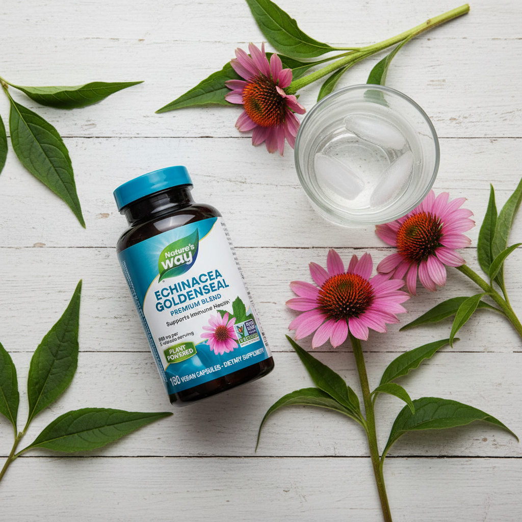 Nature's Way Echinacea Goldenseal supplement bottle wellness flat lay with fresh echinacea flowers and water glass