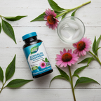 Nature's Way Echinacea Goldenseal supplement bottle wellness flat lay with fresh echinacea flowers and water glass