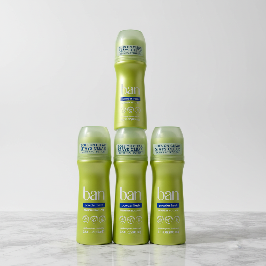 Four lime-green Ban Powder Fresh bottles stacked on marble