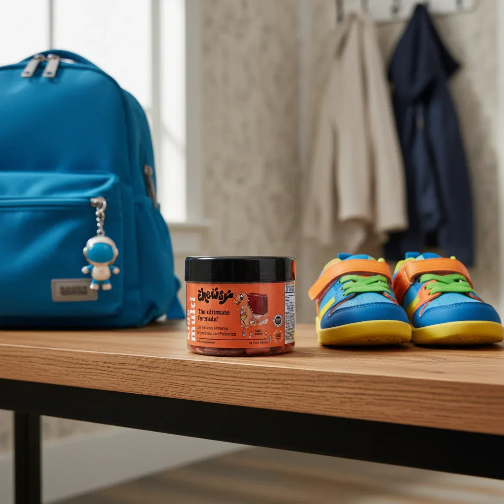 Chewsy Kids Multi jar on oak-wood entryway bench next to school backpack and colorful kids shoes