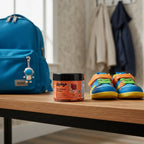 Chewsy Kids Multi jar on oak-wood entryway bench next to school backpack and colorful kids shoes