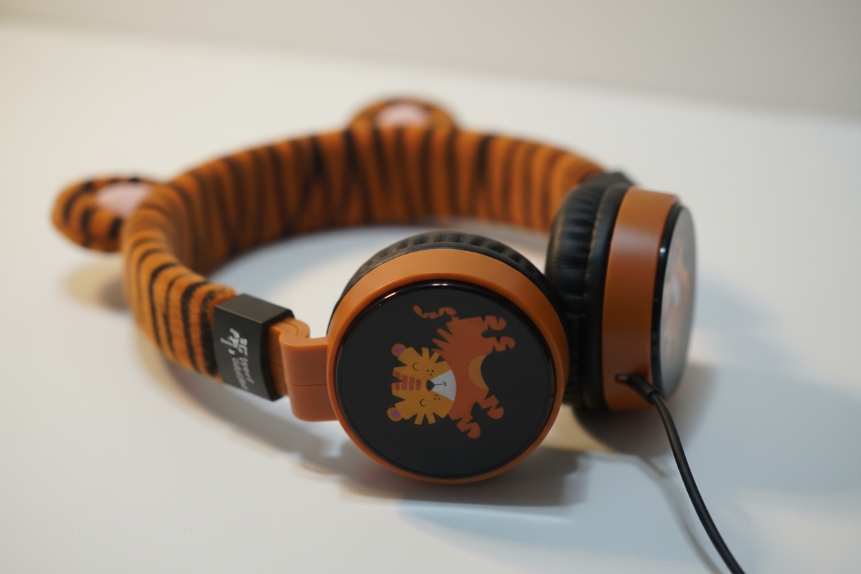 Macro close up of Planet Buddies Charlie the Tiger furry headphones showing tiger-striped texture and plush ear detail