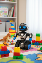 Vivitar Robo black silver blue action robot toy on colorful kids playroom floor with building blocks