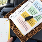 Inklings Road Trip Kit license-plate activity on a parked-car passenger tray