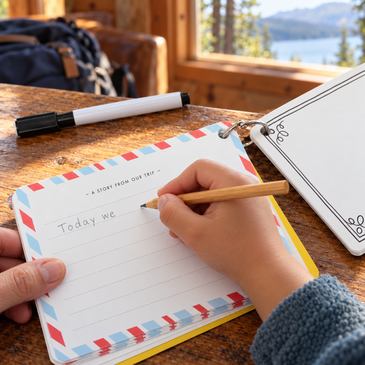 Writing trip memories on the paper journal page with a pencil