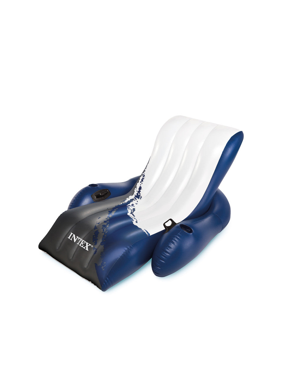 Blue-and-white Intex Floating Recliner showing the backrest, armrests, cup holders and grab handles